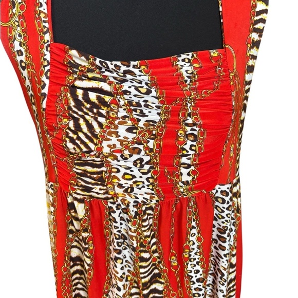 Women’s Maxi Dress Cut Out Gold Chain Lock Animal Print Red Mob Wife Large - Picture 2 of 11